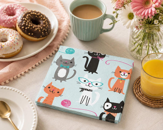 Cat Party Napkins (16ct) – Kitten Birthday Napkins, Cat Party Decorations, Cat Birthday Party Supplies, Paper Beverage Napkins