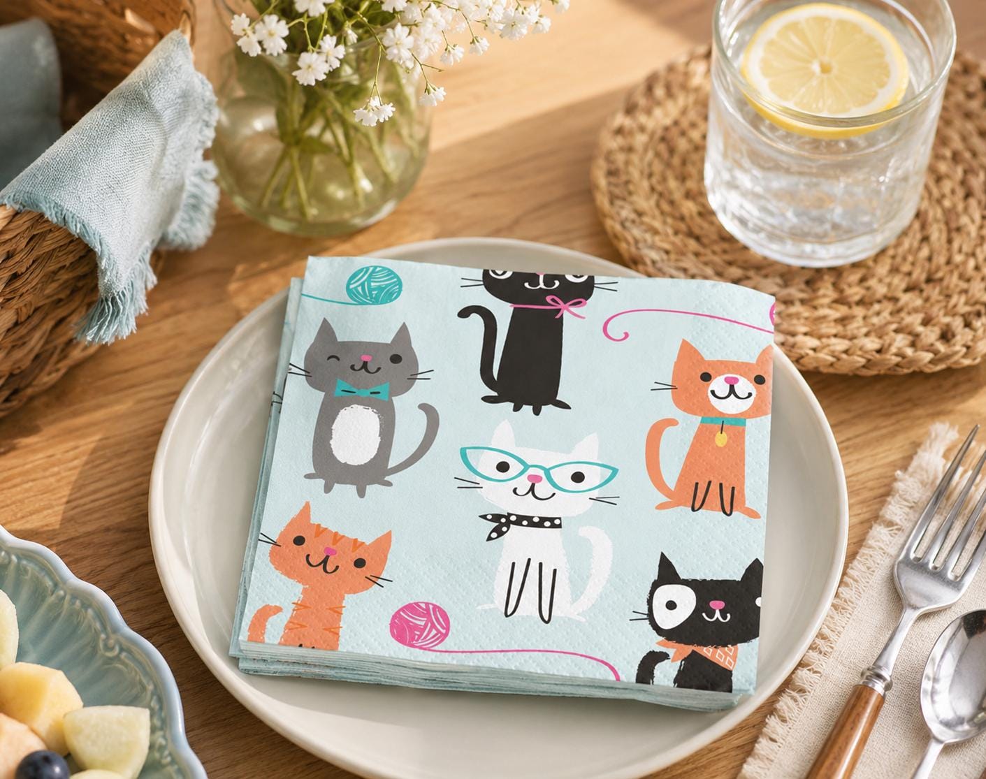 Cat Party Napkins (16ct) – Kitten Birthday Napkins, Cat Party Decorations, Cat Birthday Party Supplies, Paper Beverage Napkins