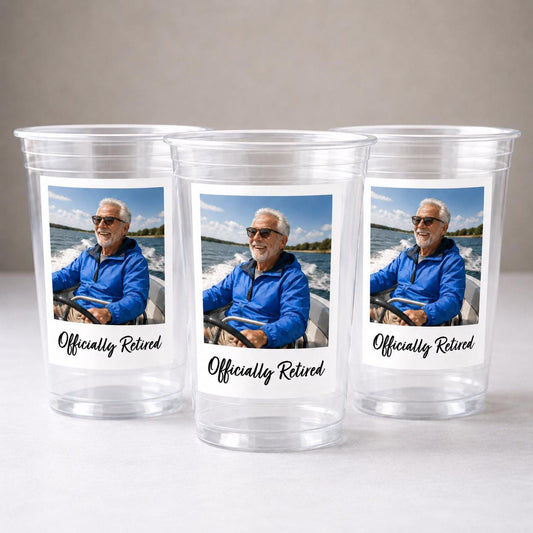 Personalized Retirement Party Cups with Photo, Officially Retired Cups, Custom Retirement Party Favors, Retirement Decorations, 16oz Cups