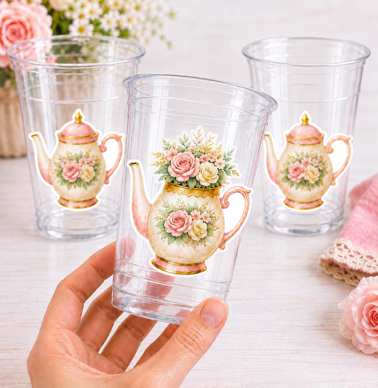 Floral Teapot Cups 16oz – Tea Party Cups, Pink Tea Pot Party Decorations, Shabby Chic Tea Cups, Garden Tea Party Supplies