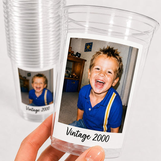 Custom Personalized Photo Cups 16oz with Picture & Text – Vintage Est Year Plastic Party Cups for Birthday Events Decorations Supplies