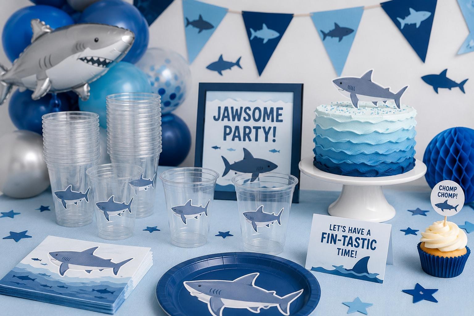 Shark Party Cups | 16oz Clear Shark Birthday Cups | Ocean Theme Party Decorations | Shark Birthday Favor Cups | Beach Party Cups