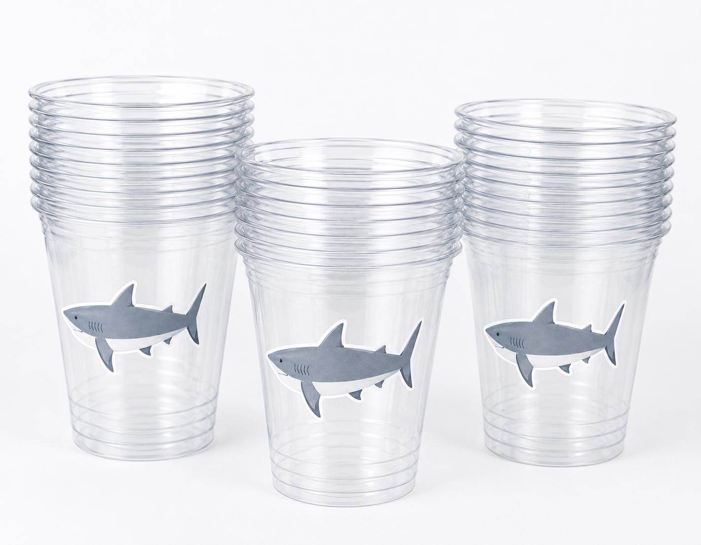 Shark Party Cups | 16oz Clear Shark Birthday Cups | Ocean Theme Party Decorations | Shark Birthday Favor Cups | Beach Party Cups