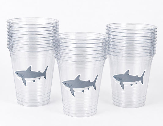 Shark Party Cups | 16oz Clear Shark Birthday Cups | Ocean Theme Party Decorations | Shark Birthday Favor Cups | Beach Party Cups