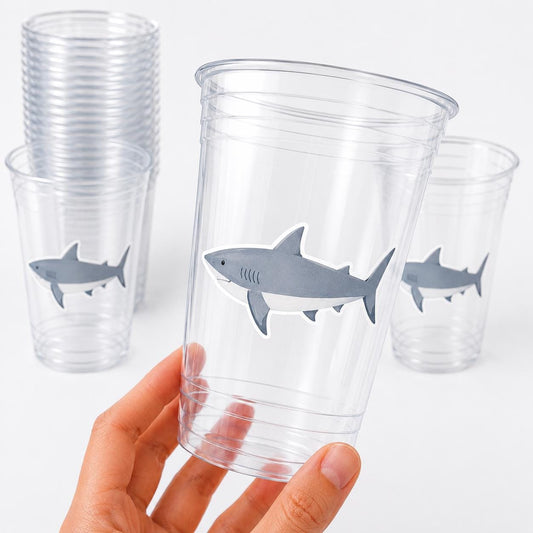Shark Party Cups | 16oz Clear Shark Birthday Cups | Ocean Theme Party Decorations | Shark Birthday Favor Cups | Beach Party Cups
