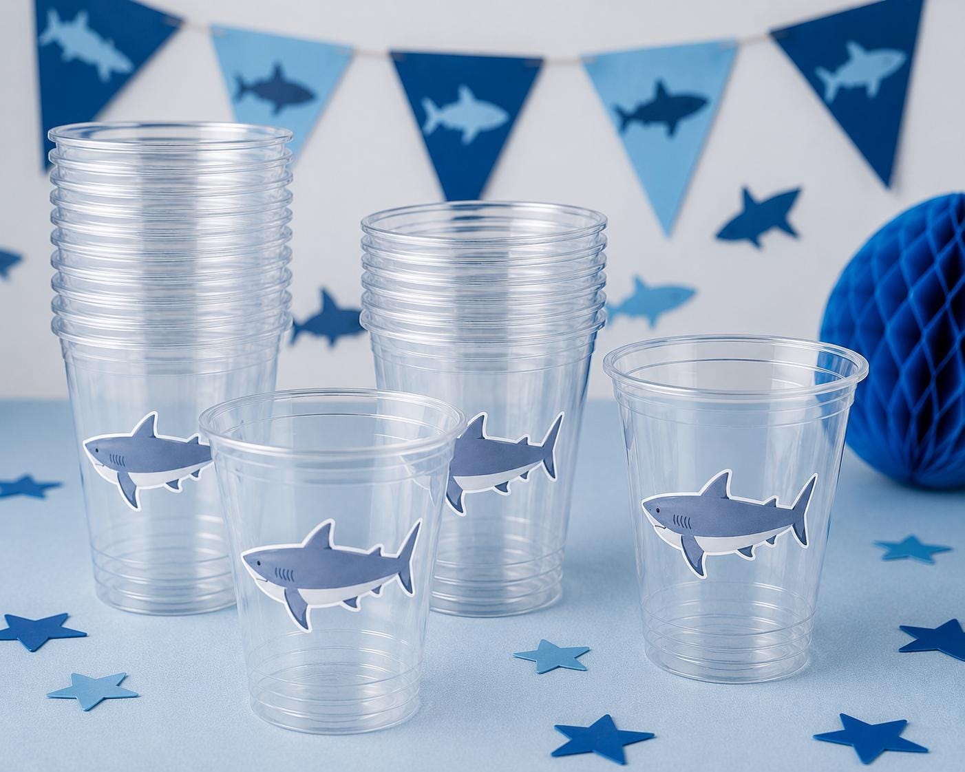 Shark Party Cups | 16oz Clear Shark Birthday Cups | Ocean Theme Party Decorations | Shark Birthday Favor Cups | Beach Party Cups