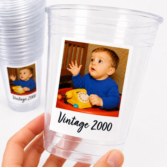 Custom Photo Cups 16oz Personalized Party Cups with Picture and text | Vintage Year Birthday Decorations | Custom Birthday Cups | Ships Fast