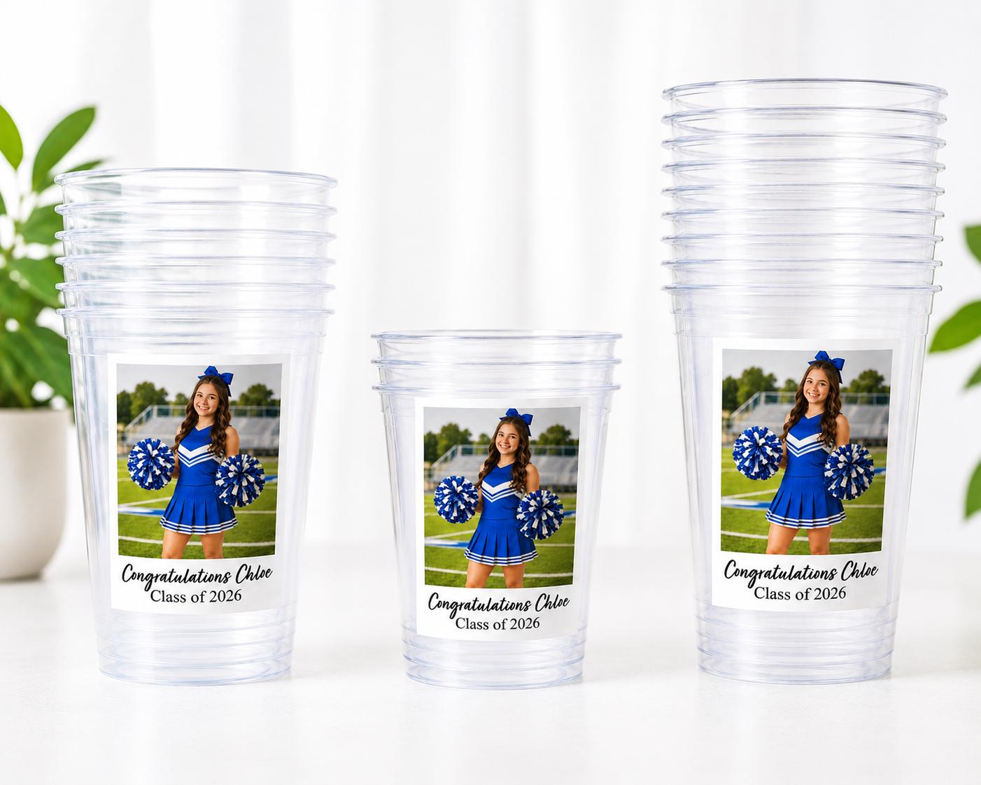 Personalized Graduation Photo Cups – Custom 16oz Plastic Party Cups with Picture & Text, Senior 2026 Drinkware, Cheerleader Party Favor Cups