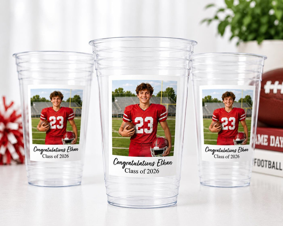 Personalized Sports Party Cups – Custom 16oz Clear Cups with Photo & Text, Sports Night Party Cups, Team Party Cups, Championship Tournament