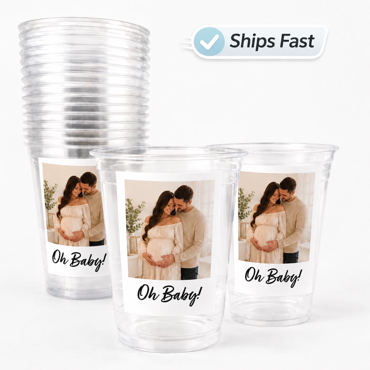 Personalized Baby Shower Cups with Photo | Oh Baby Party Cups 16oz | Custom Photo Baby Shower Favors | Pregnancy Party Cups