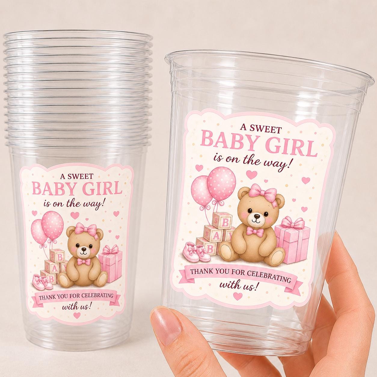 Baby Girl Shower Cups – Teddy Bear Baby Shower Favors – Pink Baby Shower Party Cups – Teddy Bear Decorations Supplies