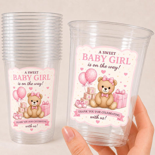 Baby Girl Shower Cups – Teddy Bear Baby Shower Favors – Pink Baby Shower Party Cups – Teddy Bear Decorations Supplies