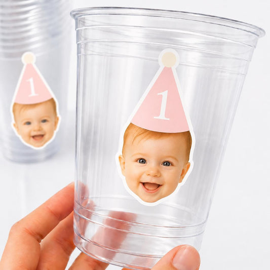 Custom Baby Face 1st Birthday Cups | Personalized Plastic Party Cups with Photo & Hat | First Birthday Favors | Pink or Blue | Decorations