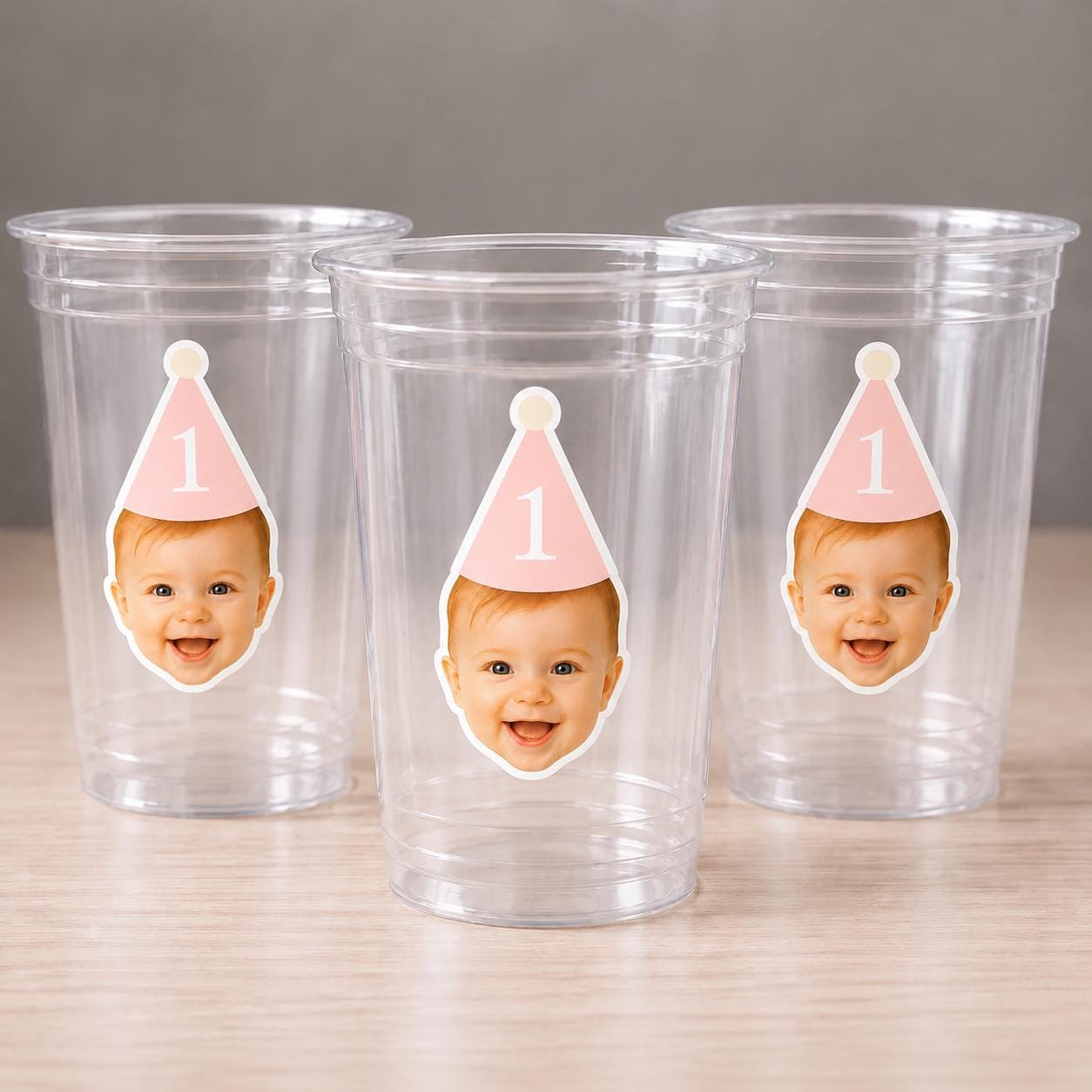 Custom Baby Face 1st Birthday Cups | Personalized Plastic Party Cups with Photo & Hat | First Birthday Favors | Pink or Blue | Decorations