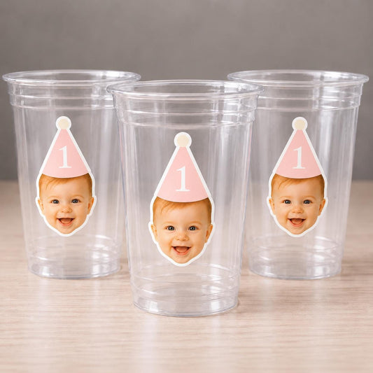 Custom Baby Face 1st Birthday Cups | Personalized Plastic Party Cups with Photo & Hat | First Birthday Favors | Pink or Blue | Decorations
