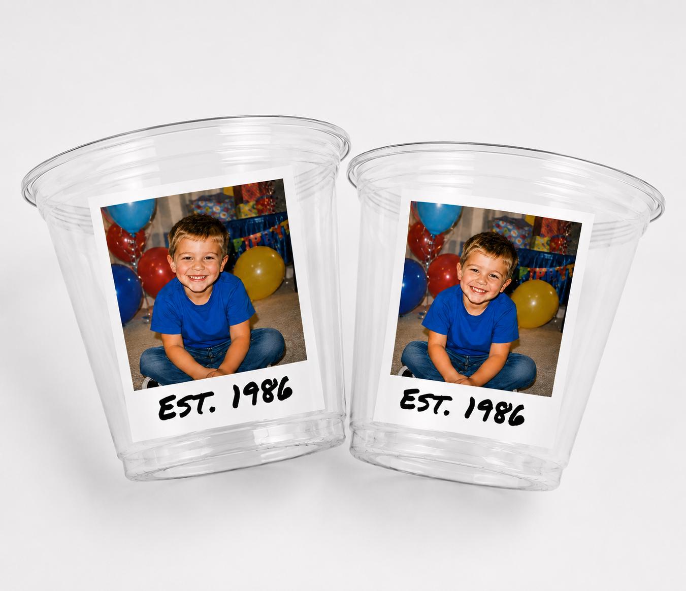 Custom Photo Wine Cups Tumblers | Personalized 9oz Party Cups with Picture & Year | Vintage Est. Birthday Cups | Custom Face Cups | Favors