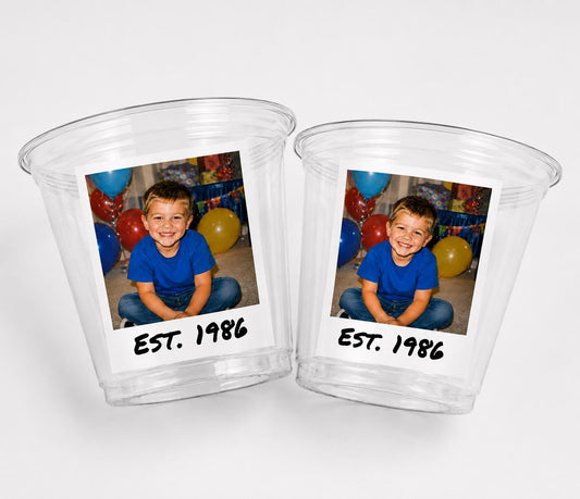 Custom Photo Wine Cups Tumblers | Personalized 9oz Party Cups with Picture & Year | Vintage Est. Birthday Cups | Custom Face Cups | Favors