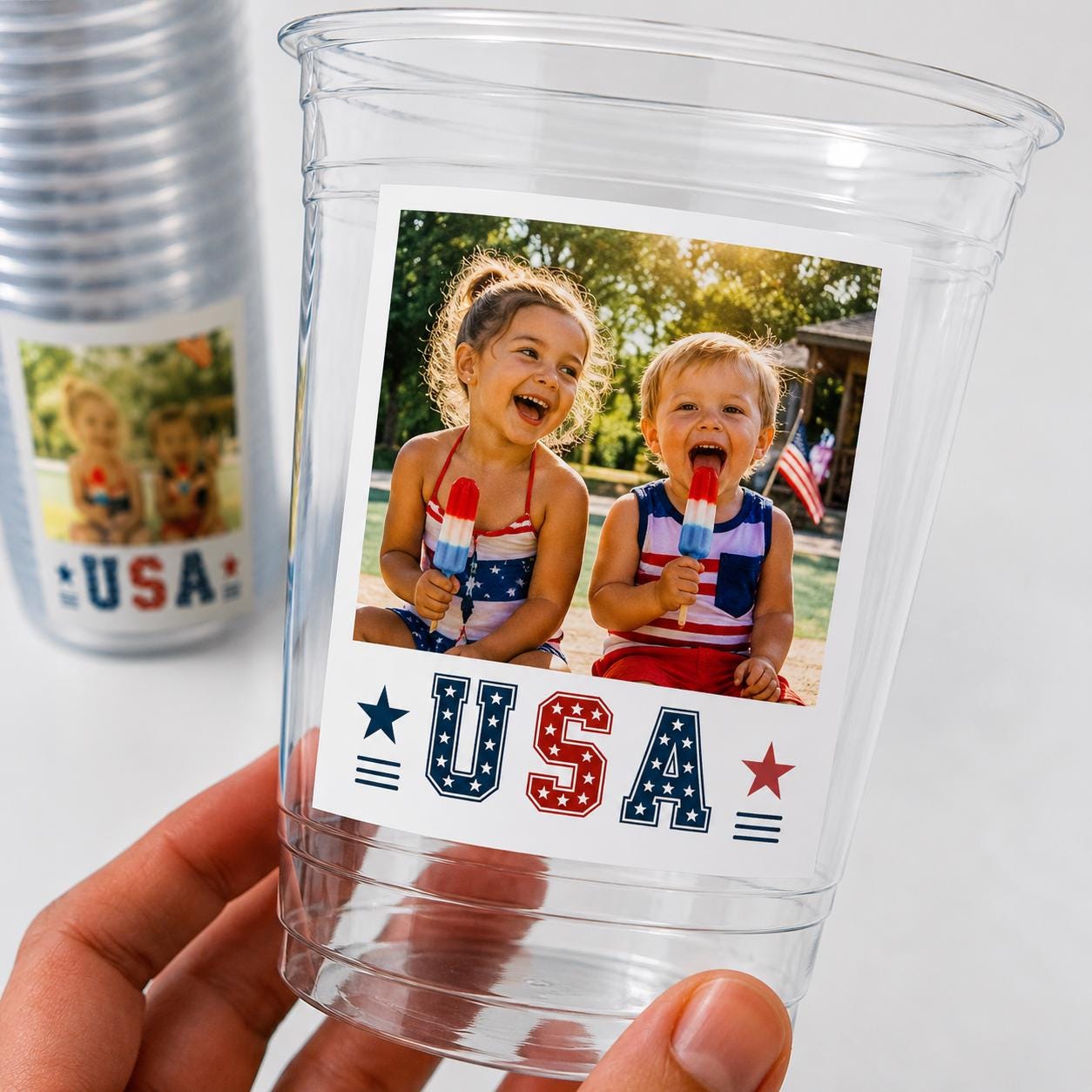 Personalized 4th of July Cups – Custom Photo Party Cups – USA Patriotic Birthday Cups – Memorial Day BBQ Decorations – Summer Party Favors