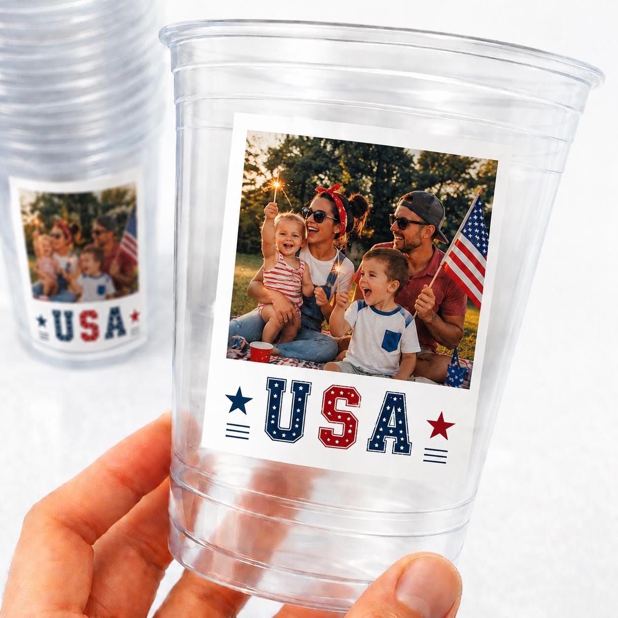 Personalized 4th of July Cups – Custom Photo Party Cups – USA Patriotic Birthday Cups – Memorial Day BBQ Decorations – Summer Party Favors