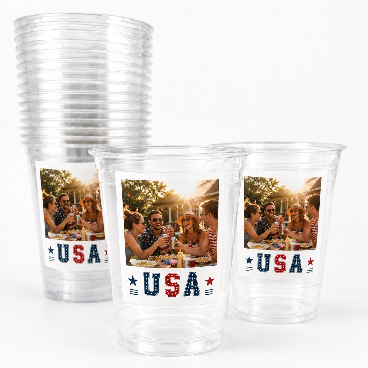 Personalized 4th of July Cups – Custom Photo Party Cups – USA Patriotic Birthday Cups – Memorial Day BBQ Decorations – Summer Party Favors