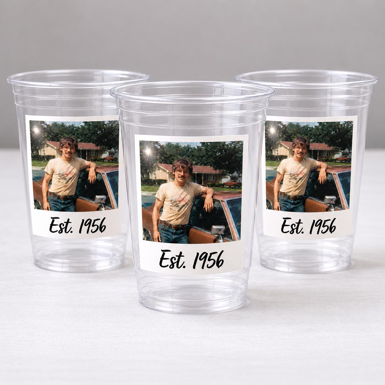 Custom Picture Cups 16oz Plastic Disposable Cups | Personalized Photo Cups with Est Year | Birthday Graduation Wedding Anniversary Funeral