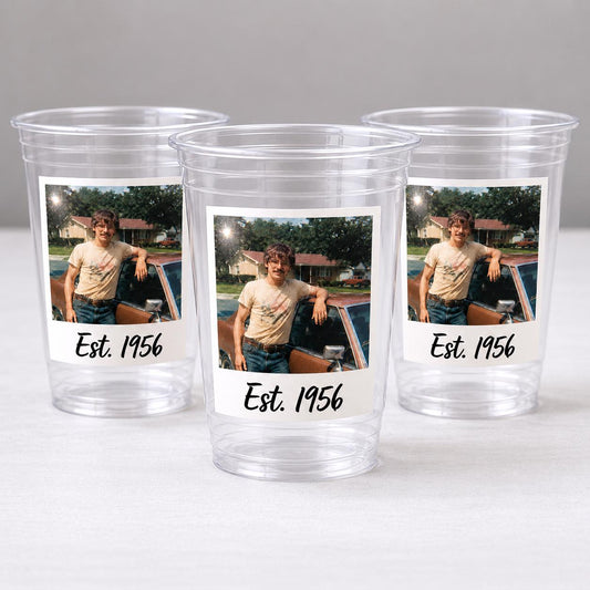 Custom Picture Cups 16oz Plastic Disposable Cups | Personalized Photo Cups with Est Year | Birthday Graduation Wedding Anniversary Funeral