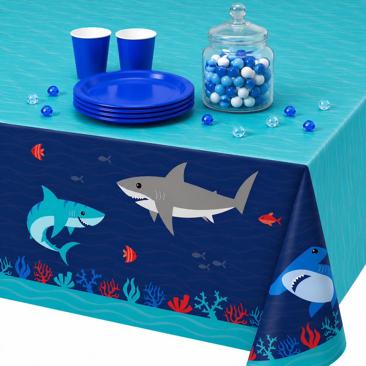Shark Party Tablecloth, Shark Birthday Decorations, Ocean Party Table Cover, Under The Sea Party Supplies, Shark Theme Birthday Decor Supply