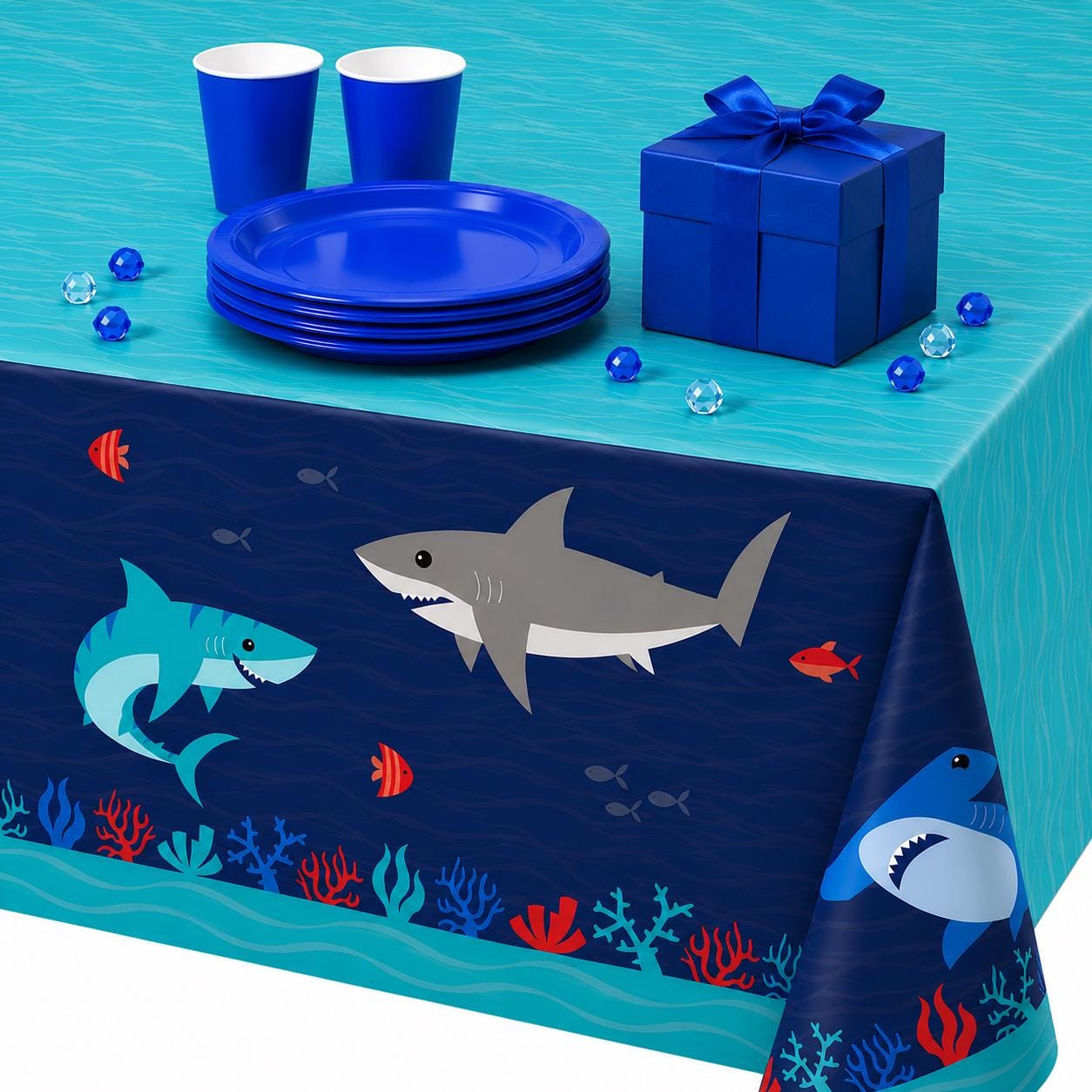 Shark Party Tablecloth, Shark Birthday Decorations, Ocean Party Table Cover, Under The Sea Party Supplies, Shark Theme Birthday Decor Supply