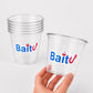 May include: Clear plastic cups with the word "Bait" in blue and red lettering. One cup is held by a hand. The cups are stacked in a pile of five. The logo includes a fishing hook and a bobber.