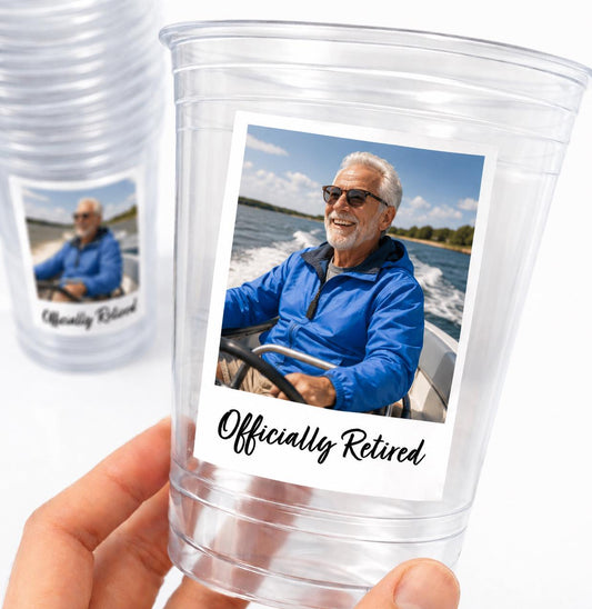 Personalized Retirement Party Cups with Photo, Officially Retired Cups, Custom Retirement Party Favors, Retirement Decorations, 16oz Cups