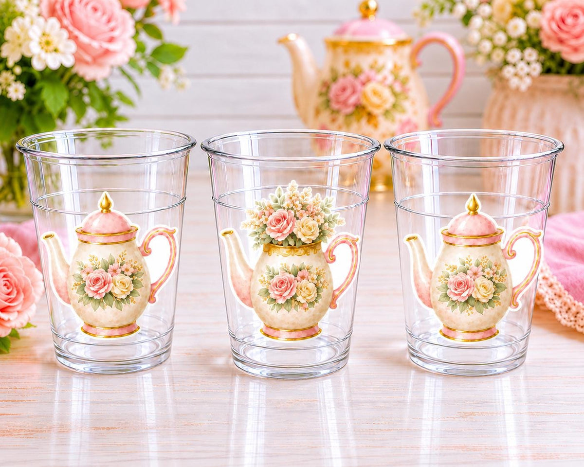 Floral Teapot Cups 16oz – Tea Party Cups, Pink Tea Pot Party Decorations, Shabby Chic Tea Cups, Garden Tea Party Supplies