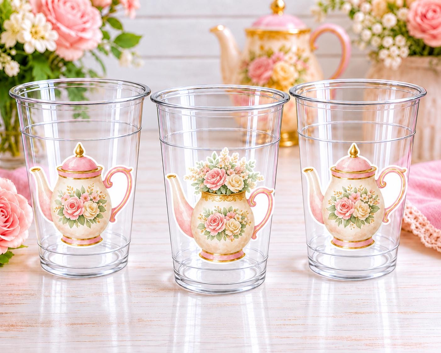 Floral Teapot Cups 16oz – Tea Party Cups, Pink Tea Pot Party Decorations, Shabby Chic Tea Cups, Garden Tea Party Supplies