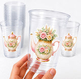 Floral Teapot Cups 16oz – Tea Party Cups, Pink Tea Pot Party Decorations, Shabby Chic Tea Cups, Garden Tea Party Supplies