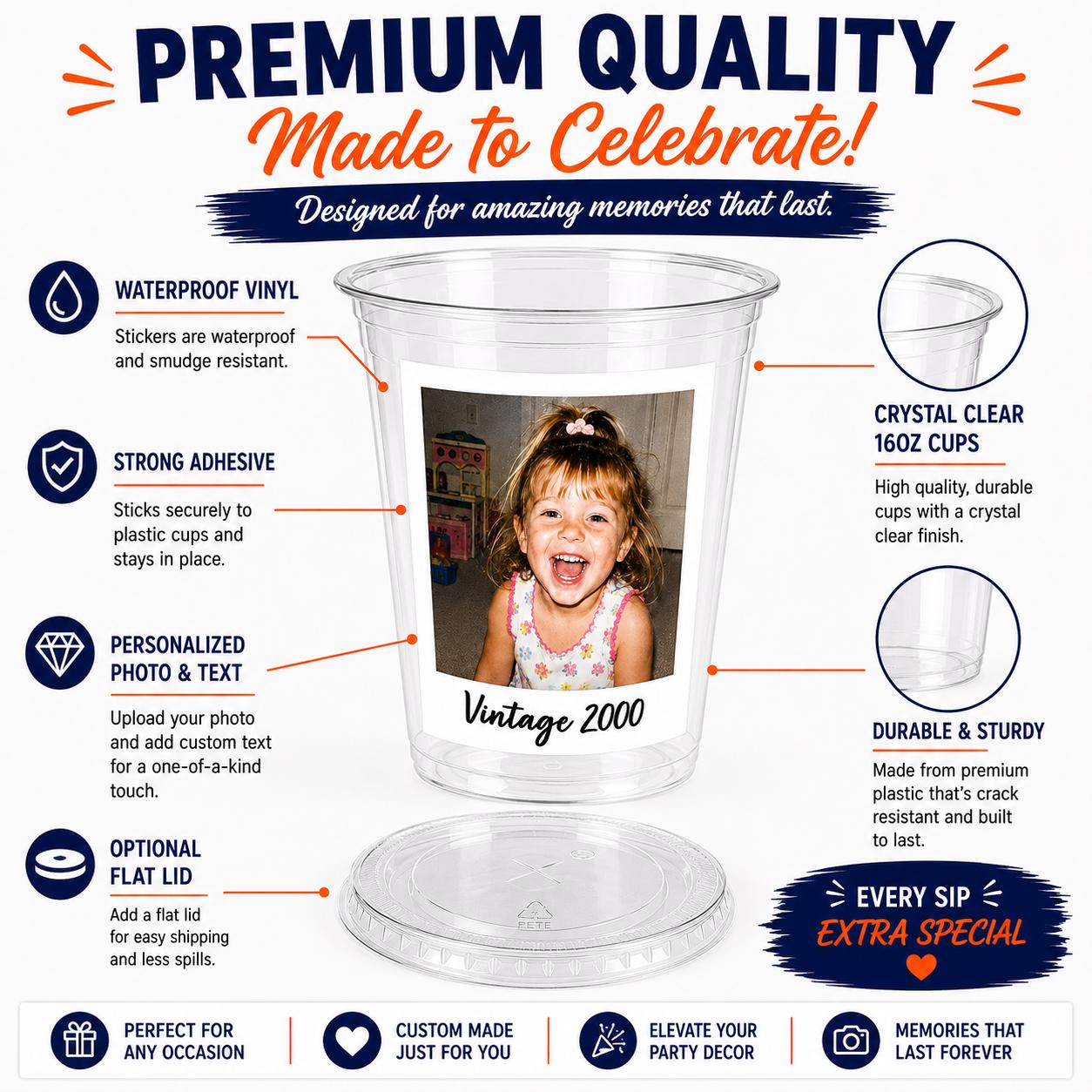 DIY Custom Photo Cup Kit | Personalized Photo Cups with Picture & Year | 12 Stickers + 12 Clear 16oz Cups | Birthday Favors | Graduation Cup