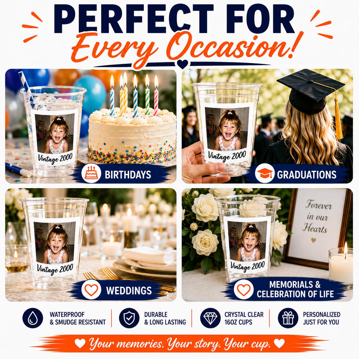 DIY Custom Photo Cup Kit | Personalized Photo Cups with Picture & Year | 12 Stickers + 12 Clear 16oz Cups | Birthday Favors | Graduation Cup