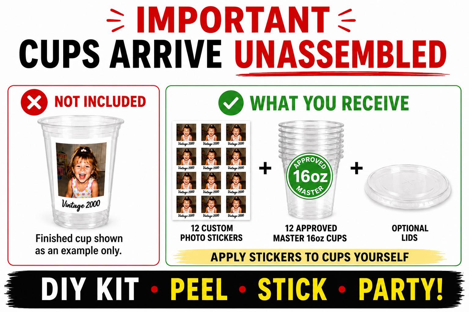 DIY Custom Photo Cup Kit | Personalized Photo Cups with Picture & Year | 12 Stickers + 12 Clear 16oz Cups | Birthday Favors | Graduation Cup