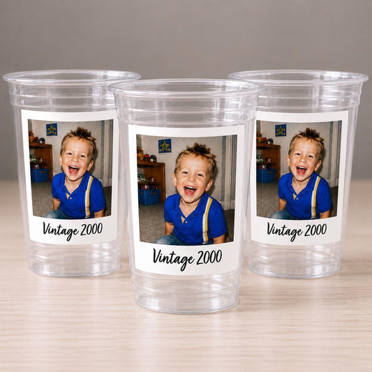 Custom Personalized Photo Cups 16oz with Picture & Text – Vintage Est Year Plastic Party Cups for Birthday Events Decorations Supplies