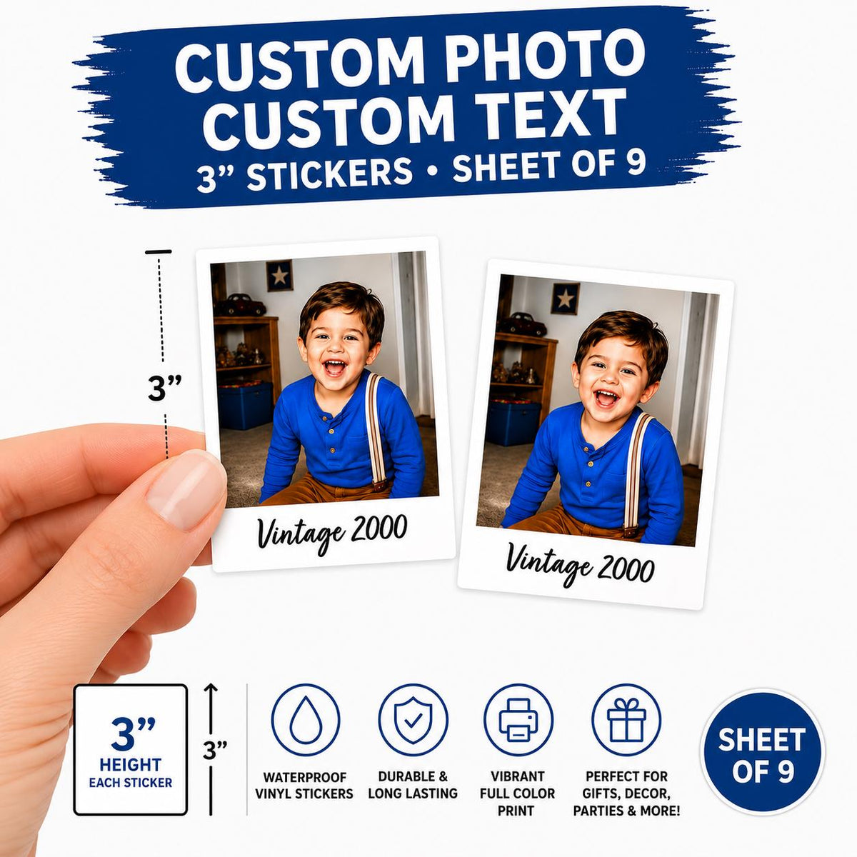Personalized Photo Stickers Sheet of 9 – Custom Waterproof Vinyl Birthday Stickers with Picture & Text, Party Favor Labels, 3” Tall Vinyl