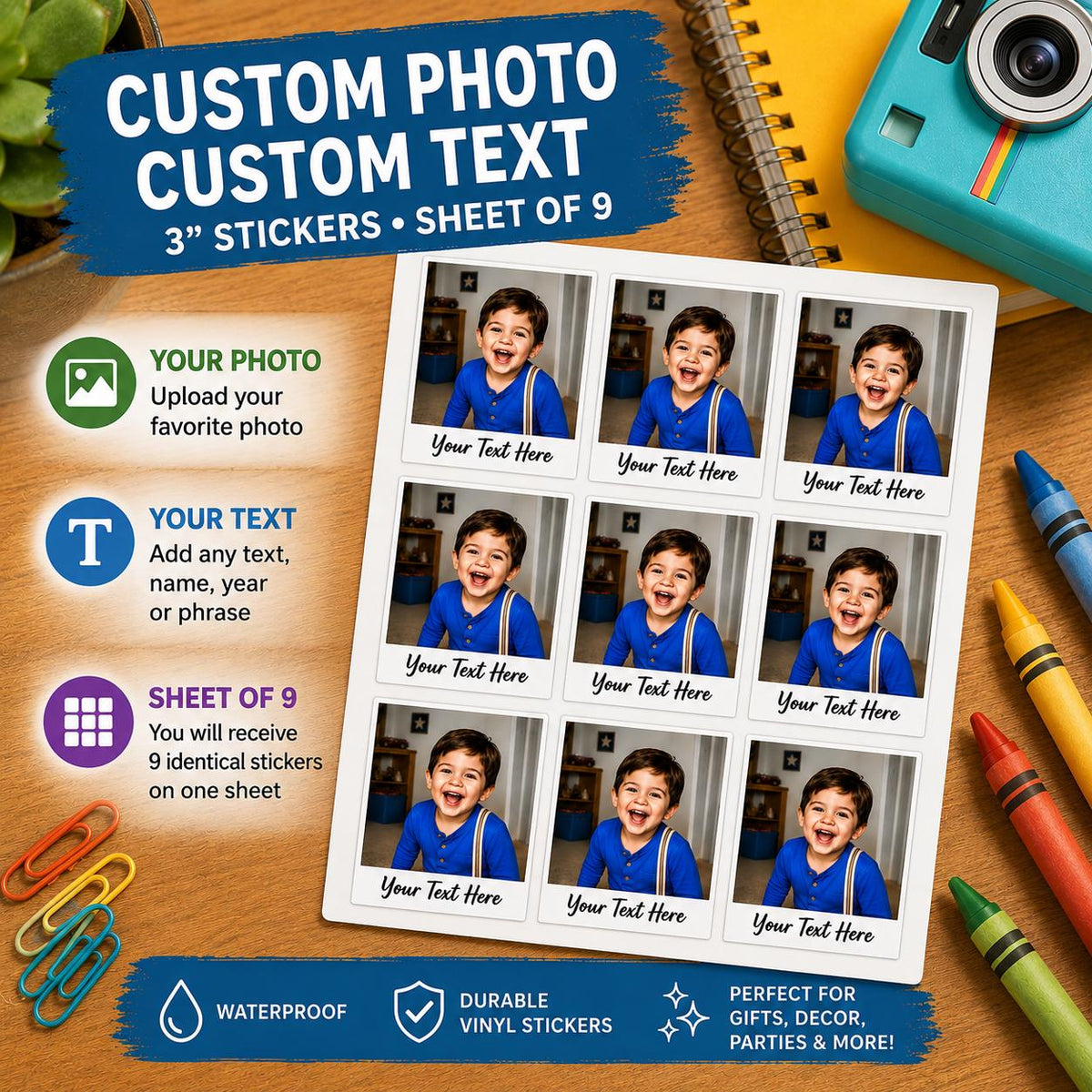 Personalized Photo Stickers Sheet of 9 – Custom Waterproof Vinyl Birthday Stickers with Picture & Text, Party Favor Labels, 3” Tall Vinyl