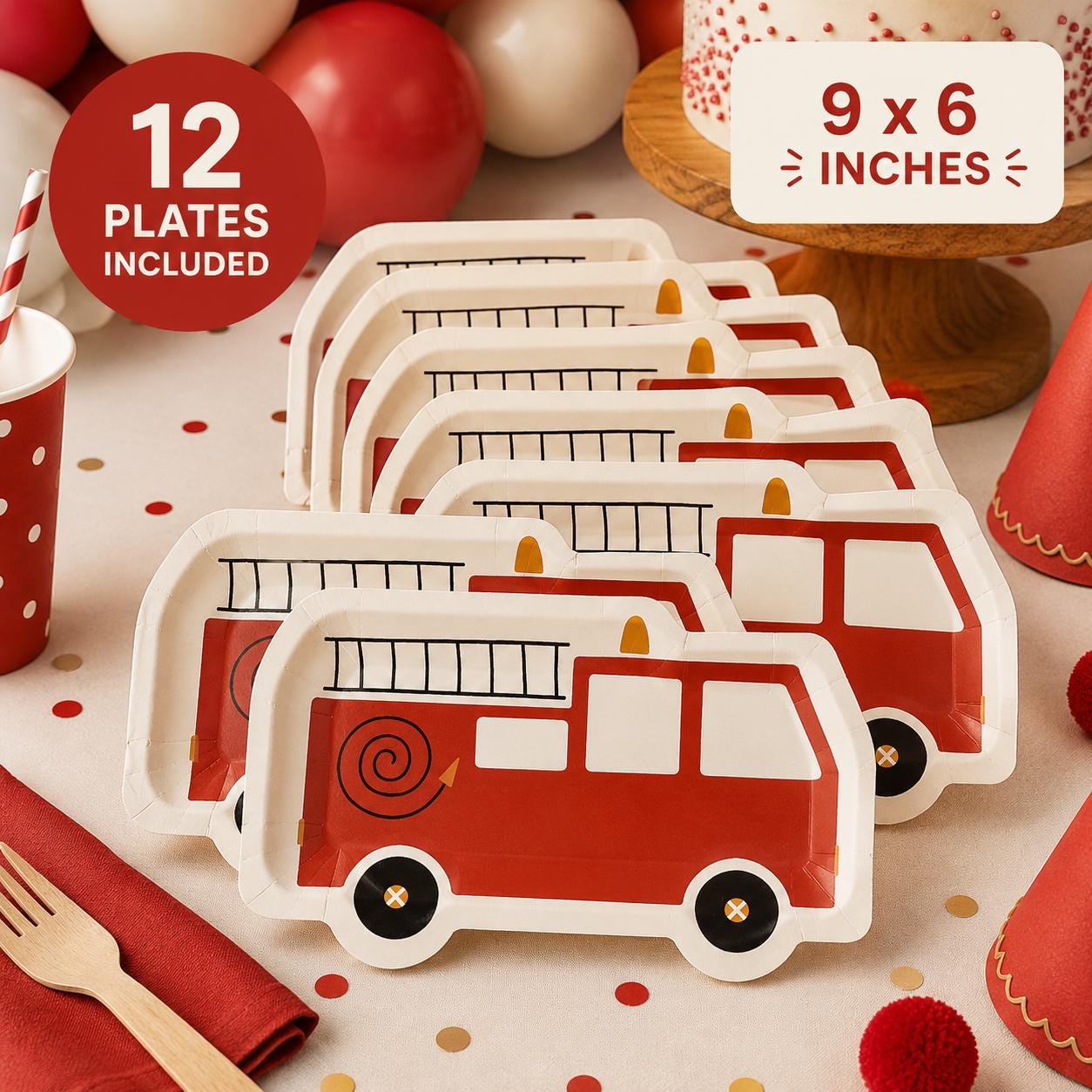 Fire Truck Party Plates 12ct | Firefighter Birthday Party Supplies | Fire Engine Plates | Kids Firetruck Decorations | Firefighter Party