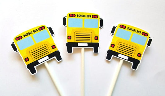 School Bus Cupcake Toppers, School Birthday Decorations, School Party Decorations, School Bus Birthday, School Bus Cake Toppers, Bus Picks
