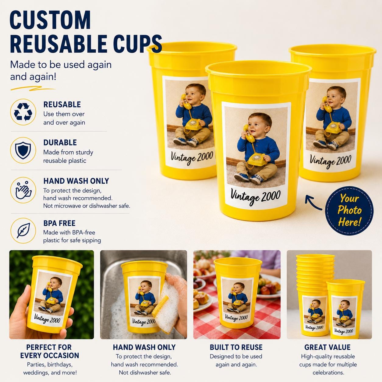 Personalized Photo Reusable Party Cups 16oz | Custom Picture & Year Cups | Birthday Party Favors | Vintage Est. Stadium Cups | Photo Gifts