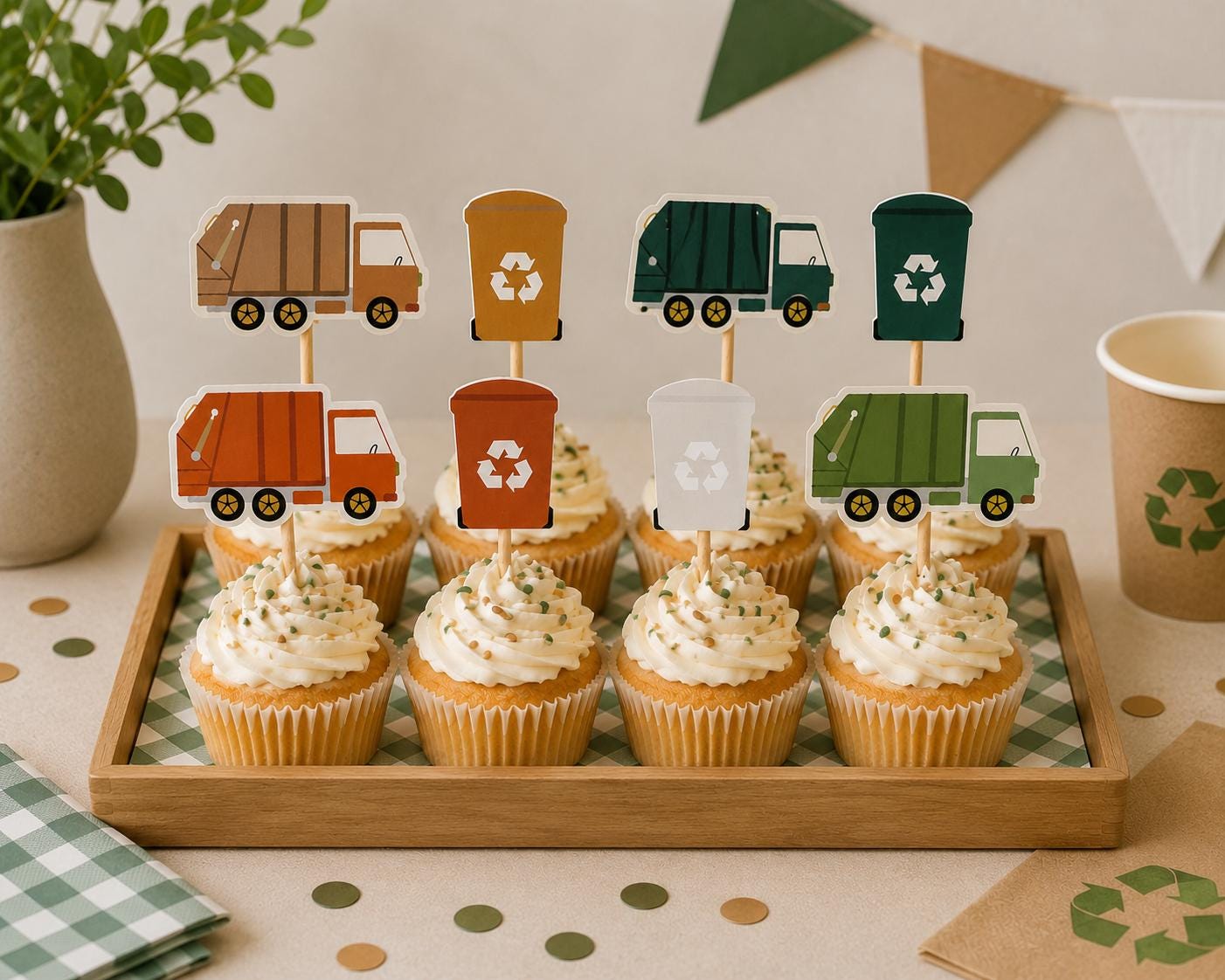 Garbage Truck Cupcake Toppers – Garbage Truck Birthday Decorations – Trash Truck Cupcake Picks – Waste Management Party Decor – Truck Theme
