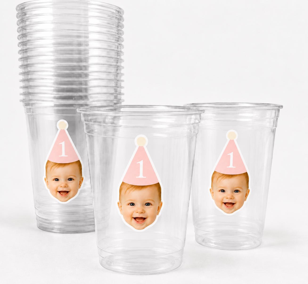 Custom Baby Face 1st Birthday Cups | Personalized Plastic Party Cups with Photo & Hat | First Birthday Favors | Pink or Blue | Decorations