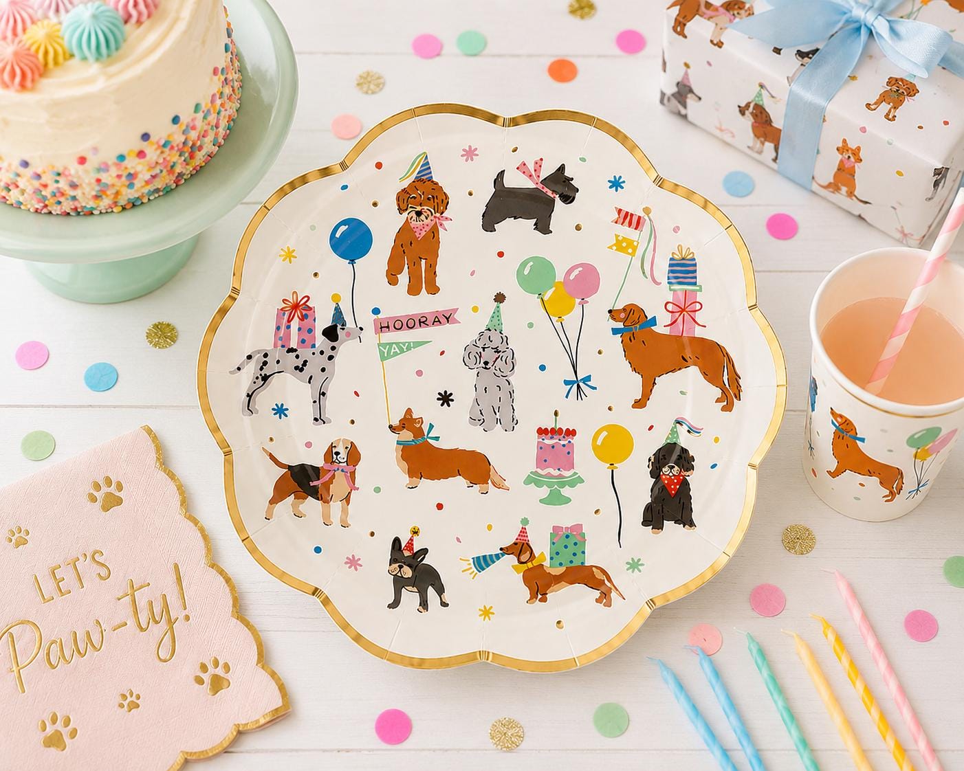 Dog Party Plates, Puppy Birthday Party Plates, Dog Birthday Decorations, Pawty Tableware, Gold Foil Paper Plates, Dog Party Supplies, 8 Ct