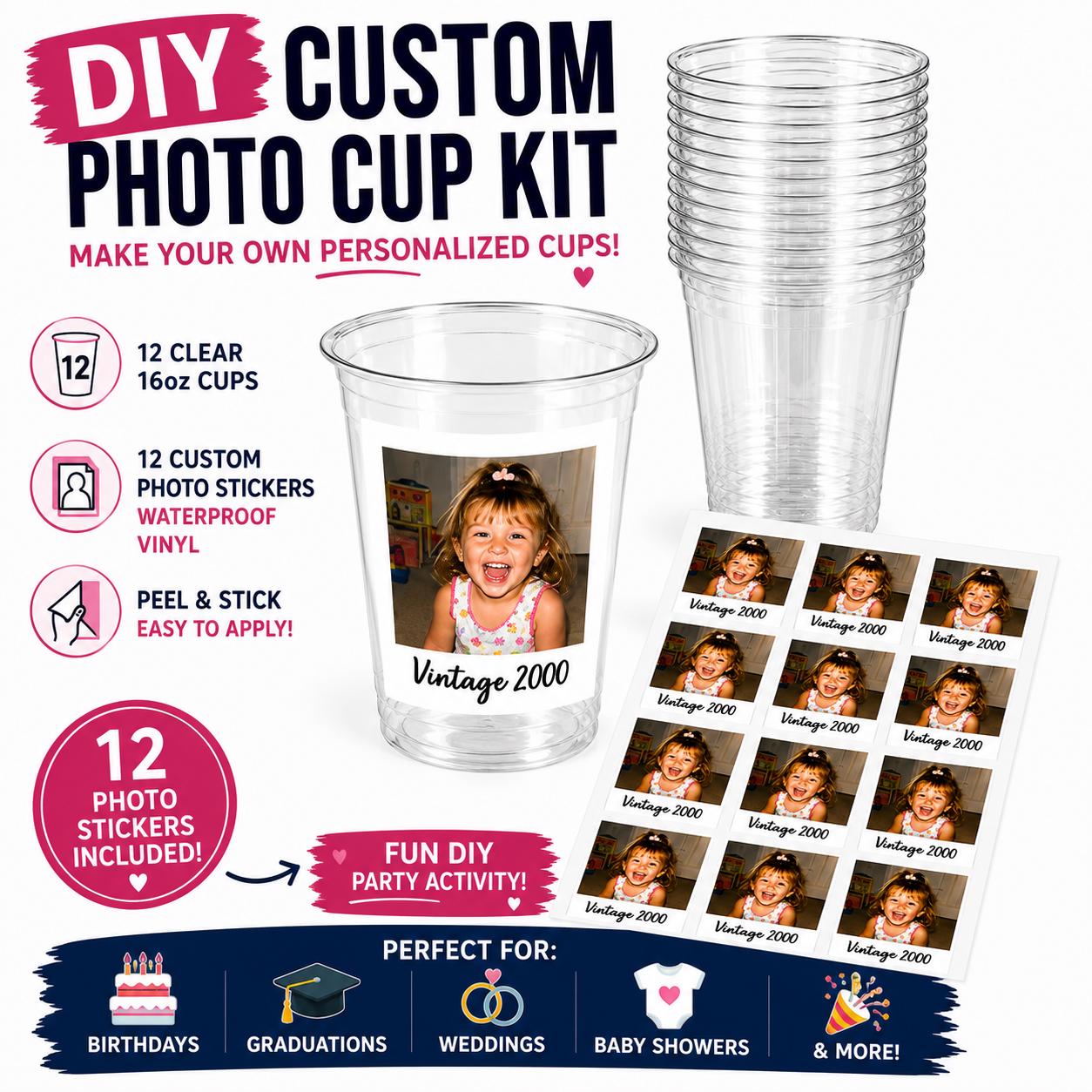 DIY Custom Photo Cup Kit | Personalized Photo Cups with Picture & Year | 12 Stickers + 12 Clear 16oz Cups | Birthday Favors | Graduation Cup