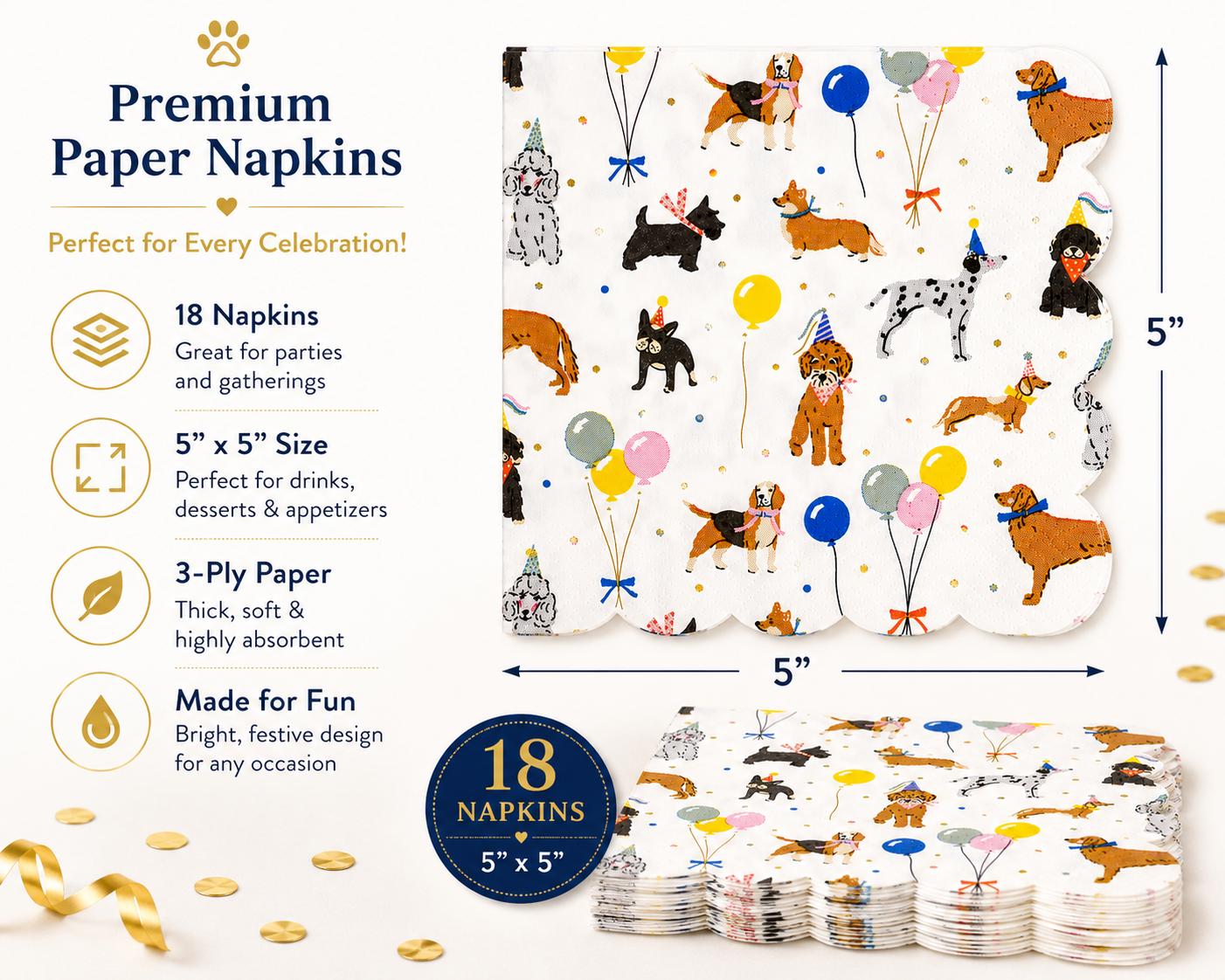 Dog Birthday Party Cocktail Napkins, Dog Party Napkins, Puppy Birthday Decorations, Dog Lover Party Supplies, Dog Beverage Napkins, 18 Count