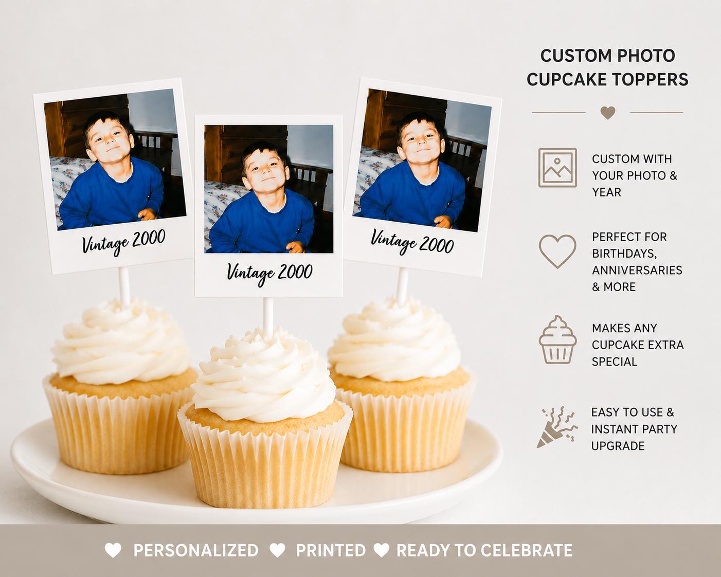 Custom Photo Cupcake Toppers with Picture & Year | Personalized Birthday Cake Toppers | Vintage Photo Party Decorations |Cupcake Pick, 12 Ct