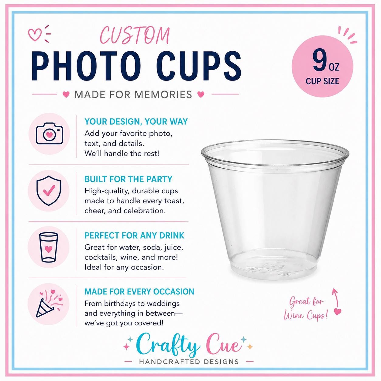 Custom Photo Wine Cups Tumblers | Personalized 9oz Party Cups with Picture & Year | Vintage Est. Birthday Cups | Custom Face Cups | Favors