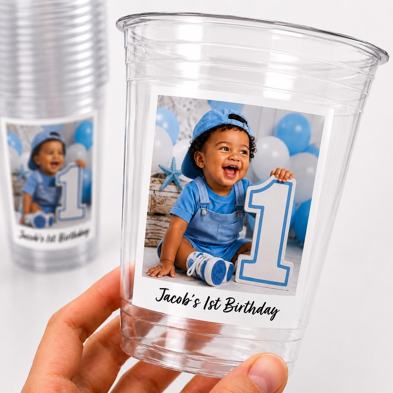 First Birthday Photo Cups | First Birthday Party Cups | 1st Birthday Decorations | Picture Party Favors | Baby Birthday Party Supplies